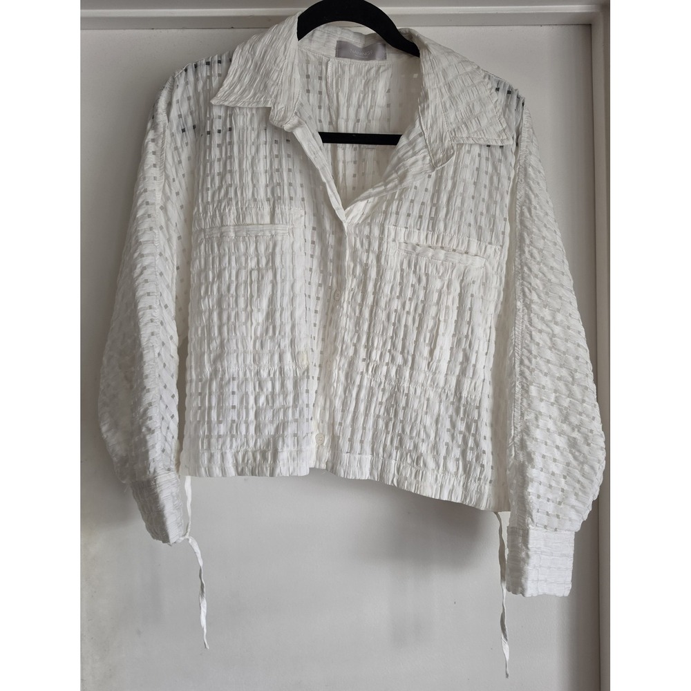 NANING9 Women Collared Blouse White Checkered Long Sleeve Button-Up Top Shirt